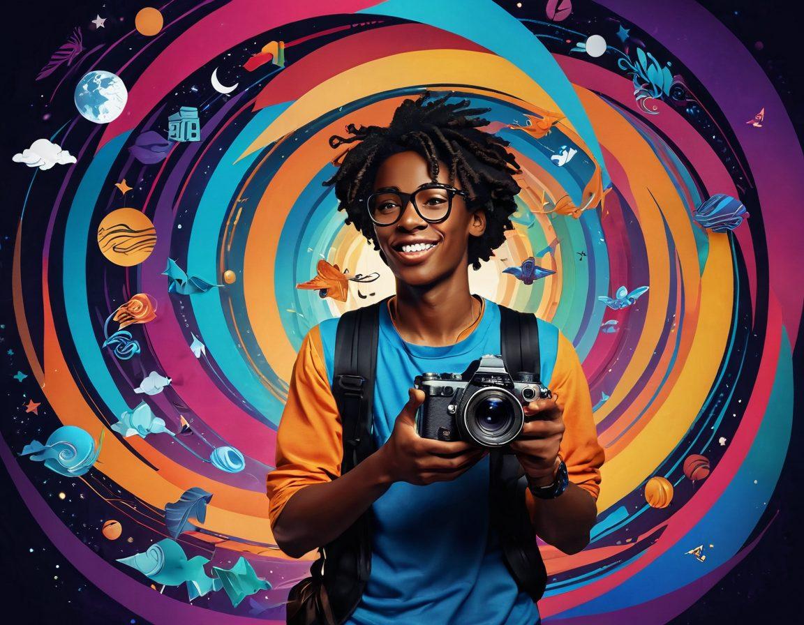 A dynamic scene depicting a storyteller surrounded by colorful, swirling visual elements representing various personal experiences like travel, adventure, and growth. The storyteller is animated and engaging, holding a camera in one hand as they weave magical narratives that transform into vibrant video frames. Include elements like film reels, editing tools, and a bright backdrop of creative symbols. super-realistic. vibrant colors. cinematic style.