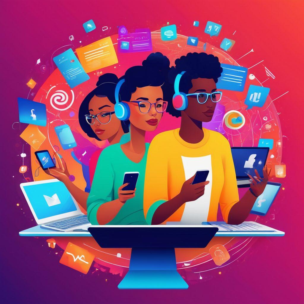 A dynamic collage featuring a diverse group of passionate bloggers engaging with their audience through interactive media elements like video, podcasts, and live chats. Show vibrant colors to represent energy and creativity, with digital devices like laptops and microphones scattered around. Include illustrated icons representing different media formats to symbolize diverse content creation. The background should be inspiring, hinting at a digital world full of opportunities. vibrant colors. vector art.