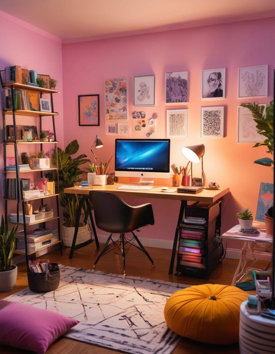A dynamic scene showing a vibrant vlogger in a stylish home office, surrounded by high-quality video equipment, colorful LED lights, and an array of art supplies, while capturing moments on camera. The background features a colorful digital diary filled with sketches and notes, embodying creativity and expression. The atmosphere is lively, showcasing movement and inspiration. super-realistic. vibrant colors. cozy home office setting.